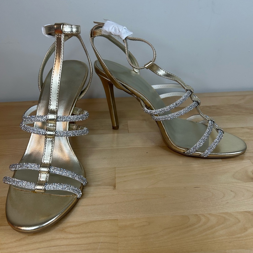 Gold Rhinestone Strappy Stiletto Sandals Size 11 Formal Heels NIB